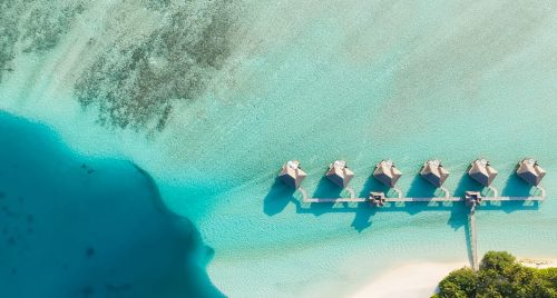 Aerial view of water villas