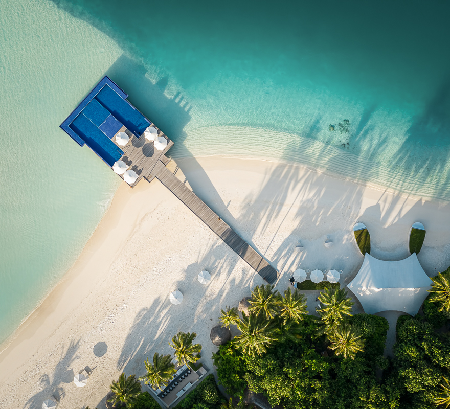 Conrad Maldives Rangali Island Quiet zone infinity pool drone shot