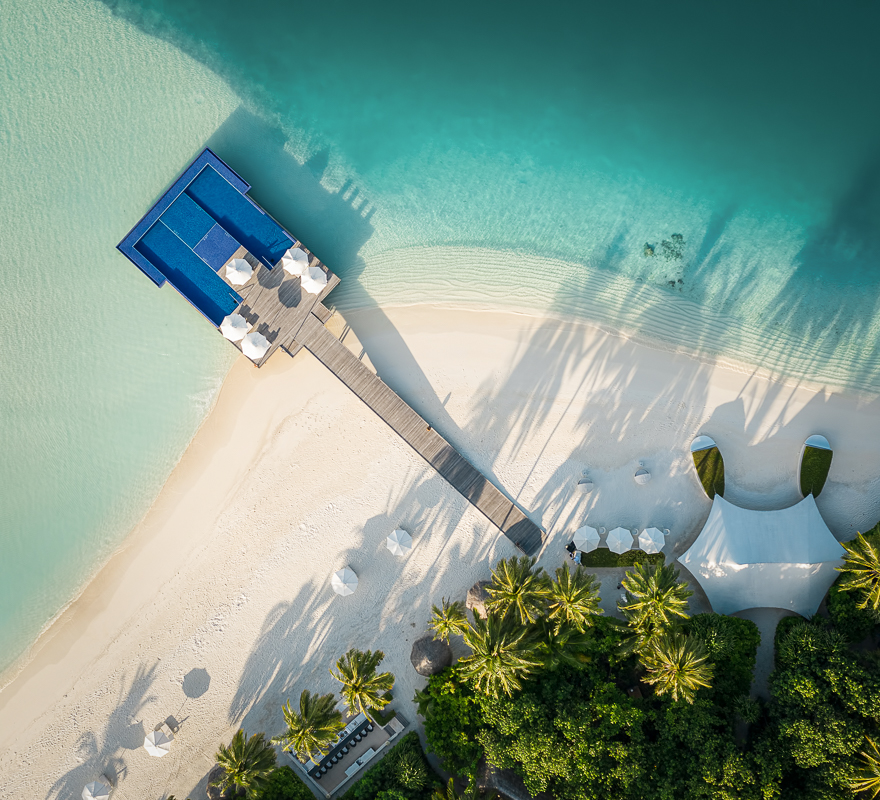 Conrad Maldives Rangali Island Quiet zone infinity pool drone shot 