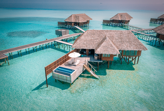 Conrad Maldives Rangali Island Water Villa with Pool Aerial Drone Shot