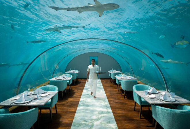 Conrad Maldives Rangali Island Ithaa Undersea Restaurant dining with sharks